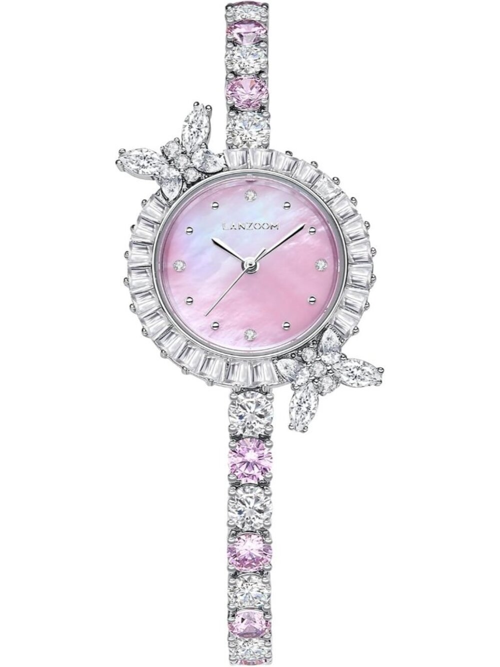 Women's Silver Round Butterfly Crystal with Pink Nacre Dial Sparkling Watch - Picture 1 of 5